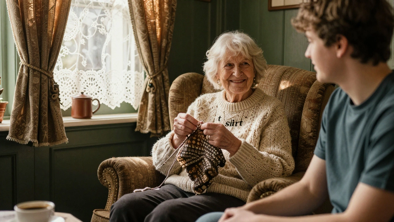 British grandmother wearing a wool jumper while knitting in a cozy room