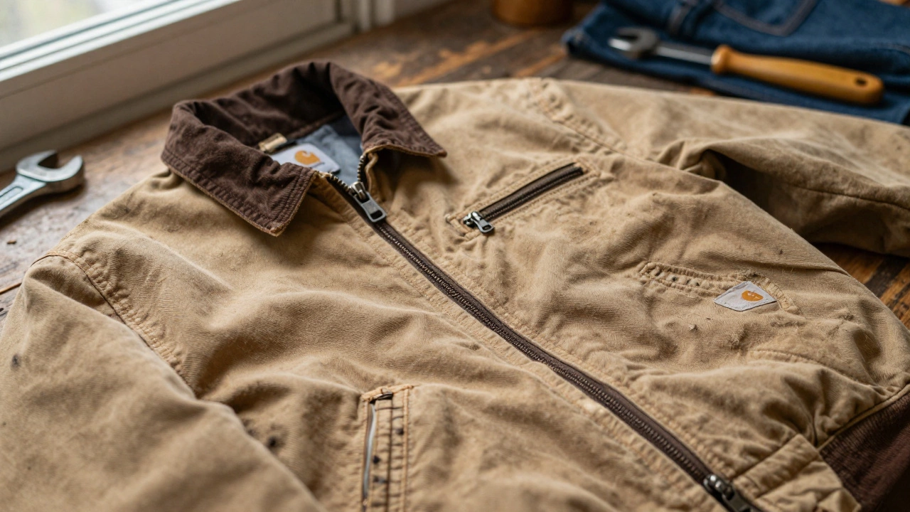 Close up of a worn vintage Carhartt jacket on a wooden workbench