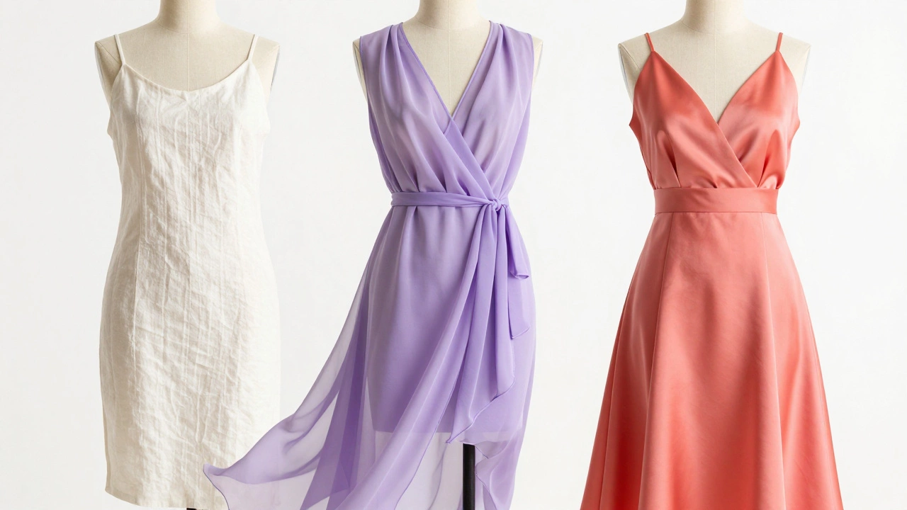 Close-up of linen, chiffon, and silk fabrics showing summer dress textures