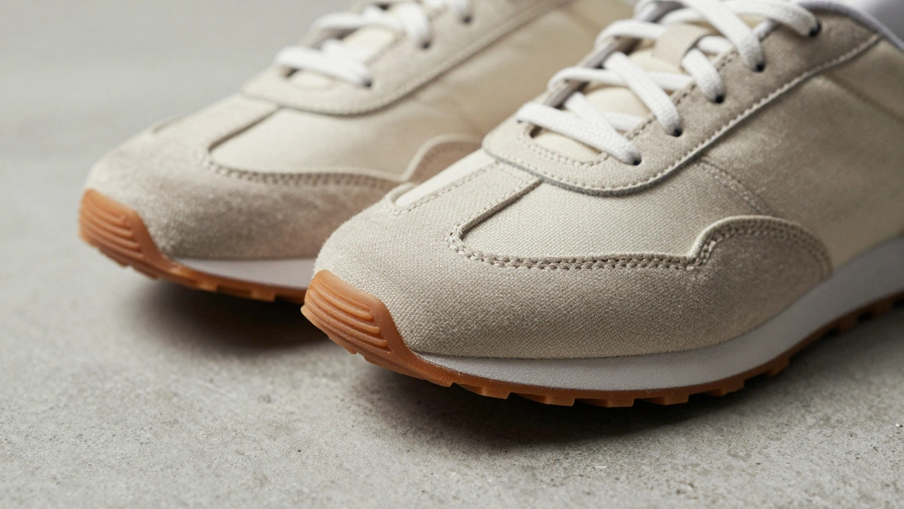 Close up of rubber soled athletic shoe on concrete