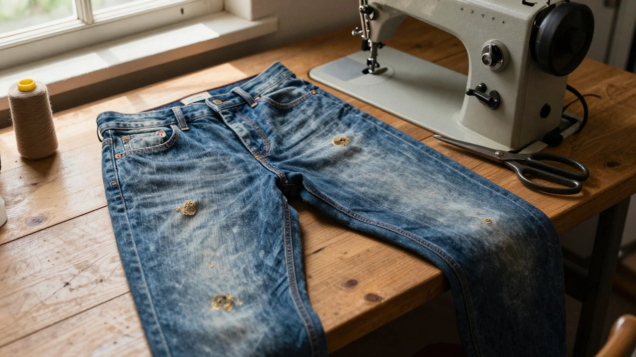 Close-up of worn raw denim jeans on a wooden tailor's workbench with sewing tools