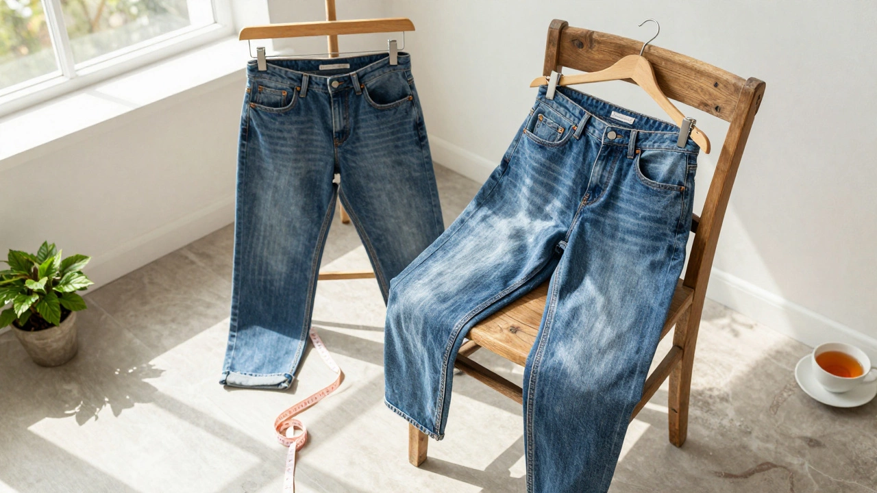 Denim jeans hanging on a chair in a sunny, cozy living room setting