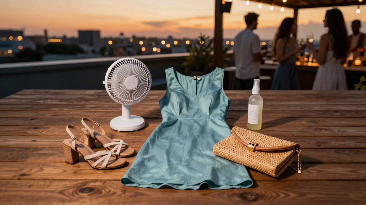 Flat lay of teal cocktail dress with sandals and accessories on a terrace