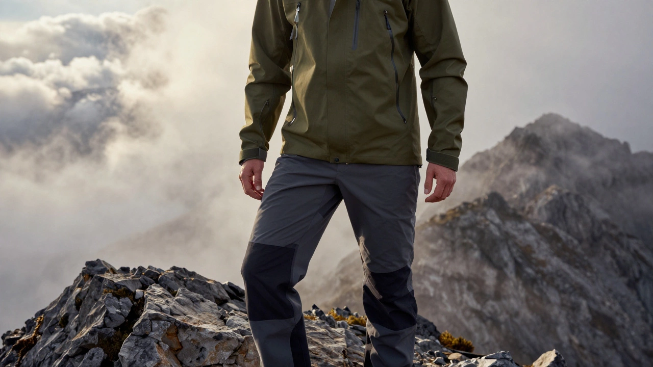 Hiker in technical waterproof outerwear standing on a misty mountain peak