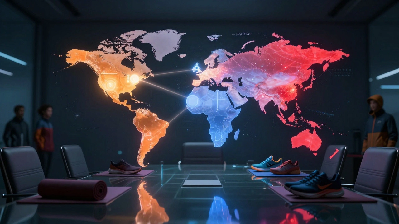 Holographic world map showing global sportswear market connections