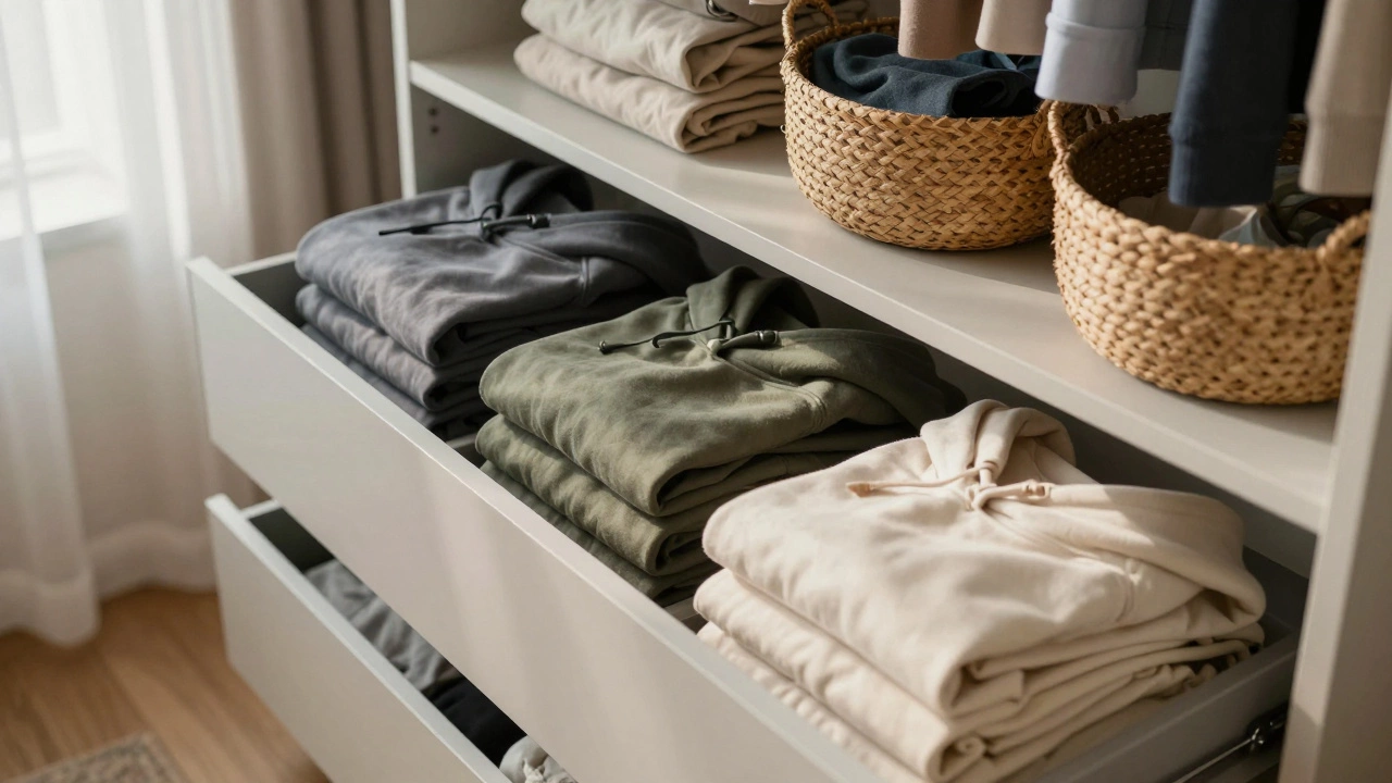 Organized closet drawers with stacks of folded hoodies and storage baskets