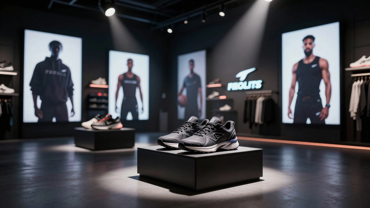 Retail display of premium sneakers with athlete billboard backgrounds symbolizing marketing costs