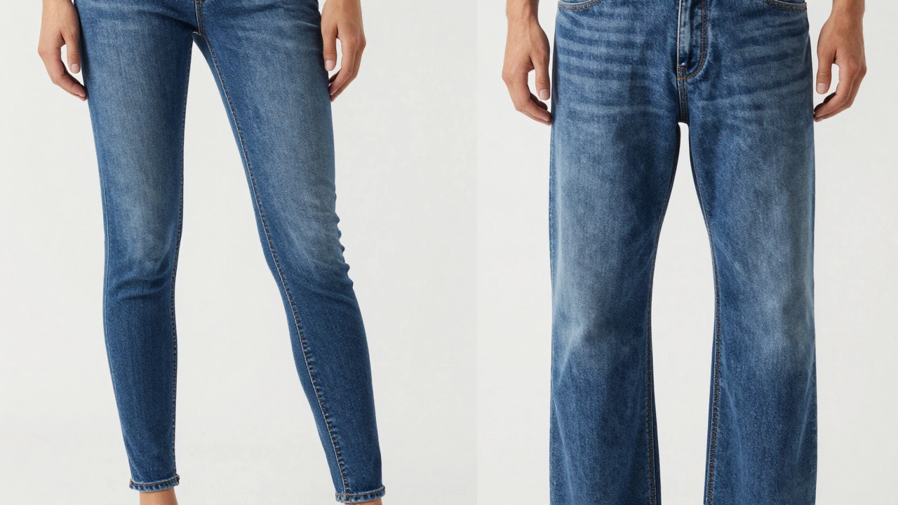 Side-by-side comparison of tight skinny jeans versus loose relaxed-fit jeans