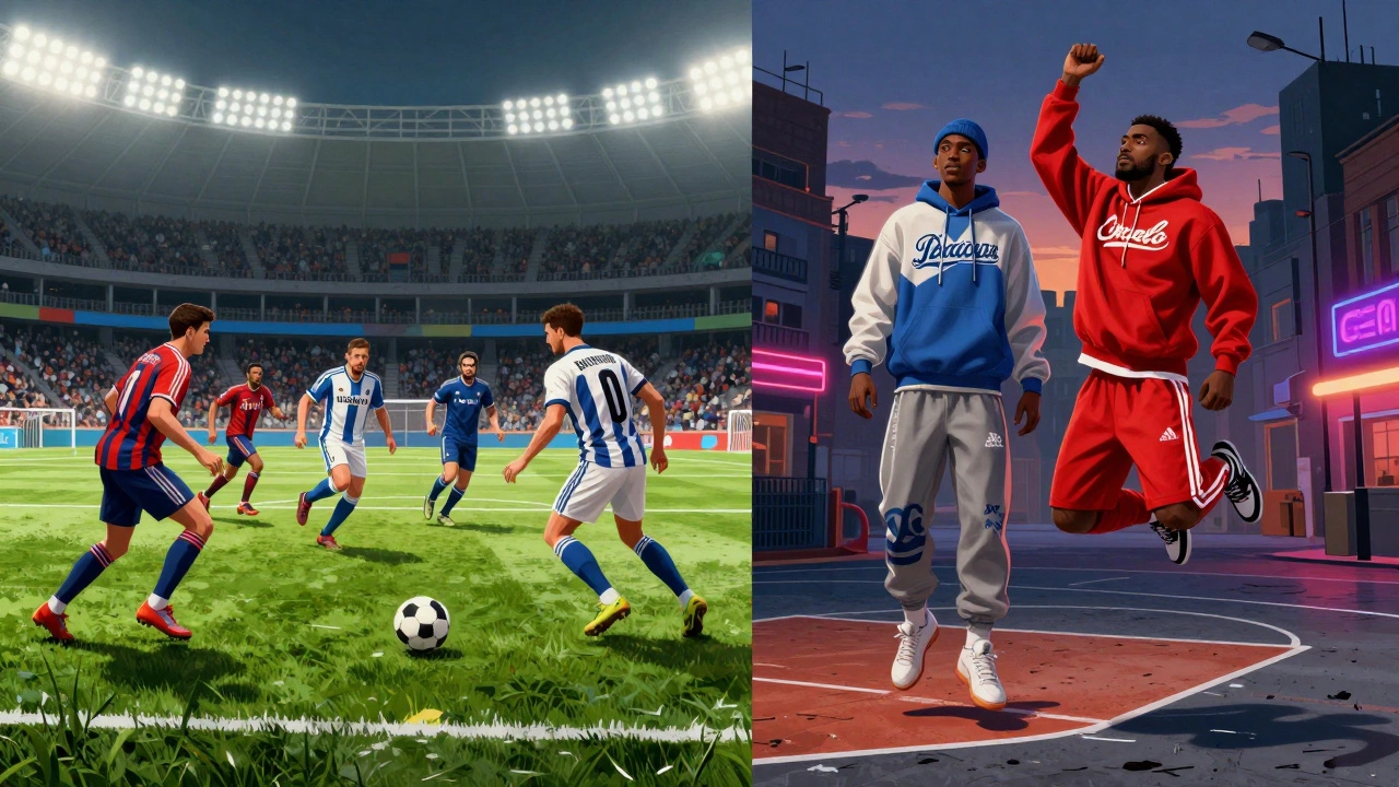 Split image showing soccer players on a pitch and basketball players on a court