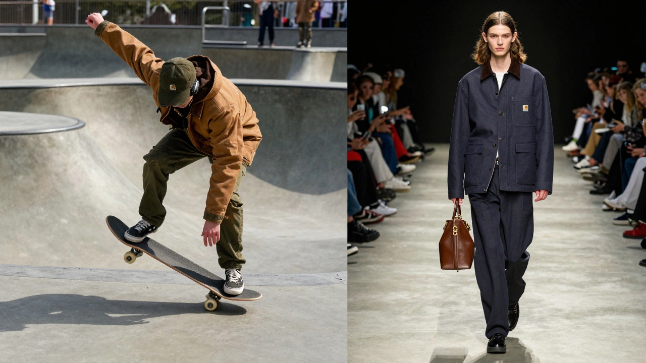 Split view of a skater and a fashion model both wearing Carhartt gear