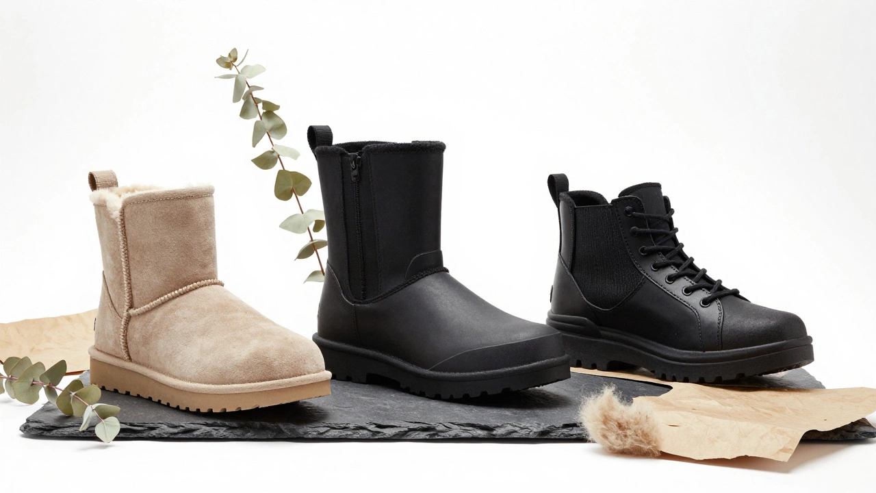 Studio shot of three different styles of sustainable winter boots
