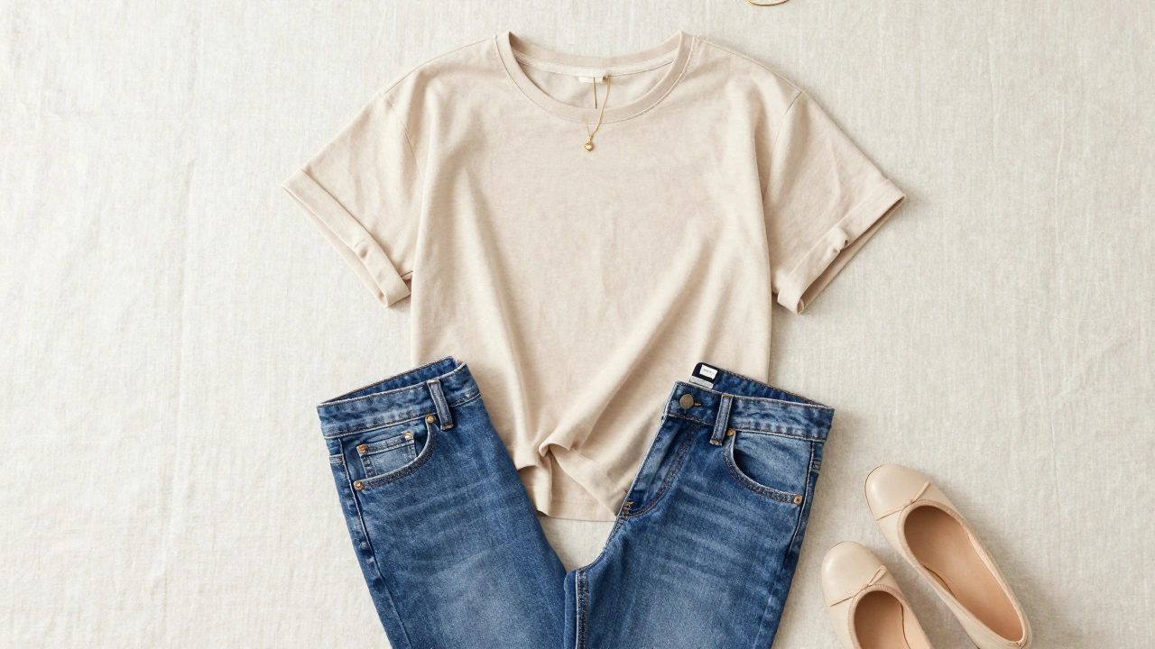 Styled beige boyfriend t-shirt with jeans and flats, highlighting modern fashion tips.