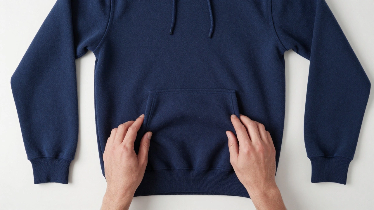 Top-down view of hands folding a navy hoodie into a neat square