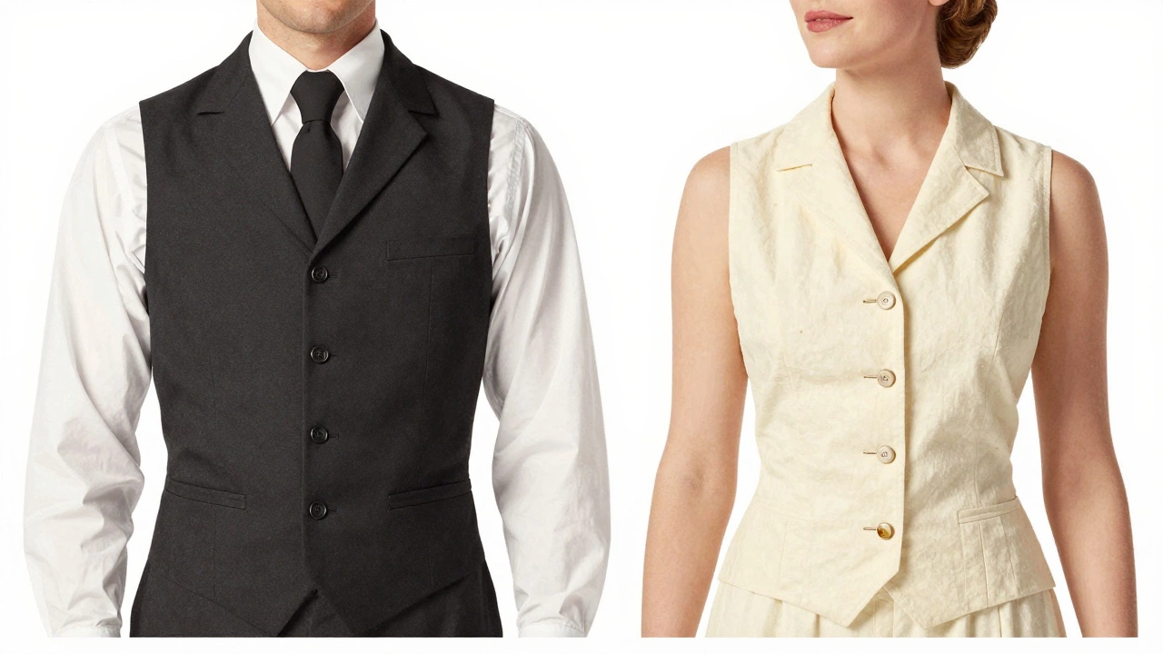 Vintage illustration comparing American waistcoat with British sleeveless vest