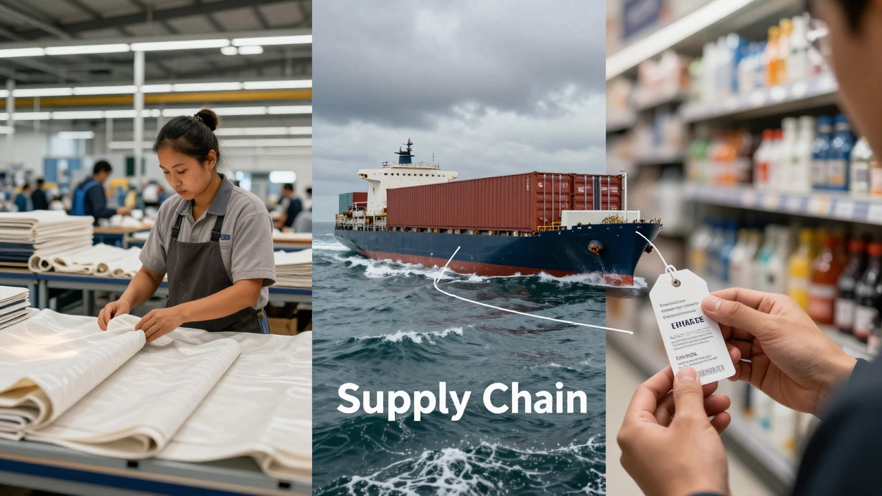 Visual journey from factory production to shipping containers and final retail sale