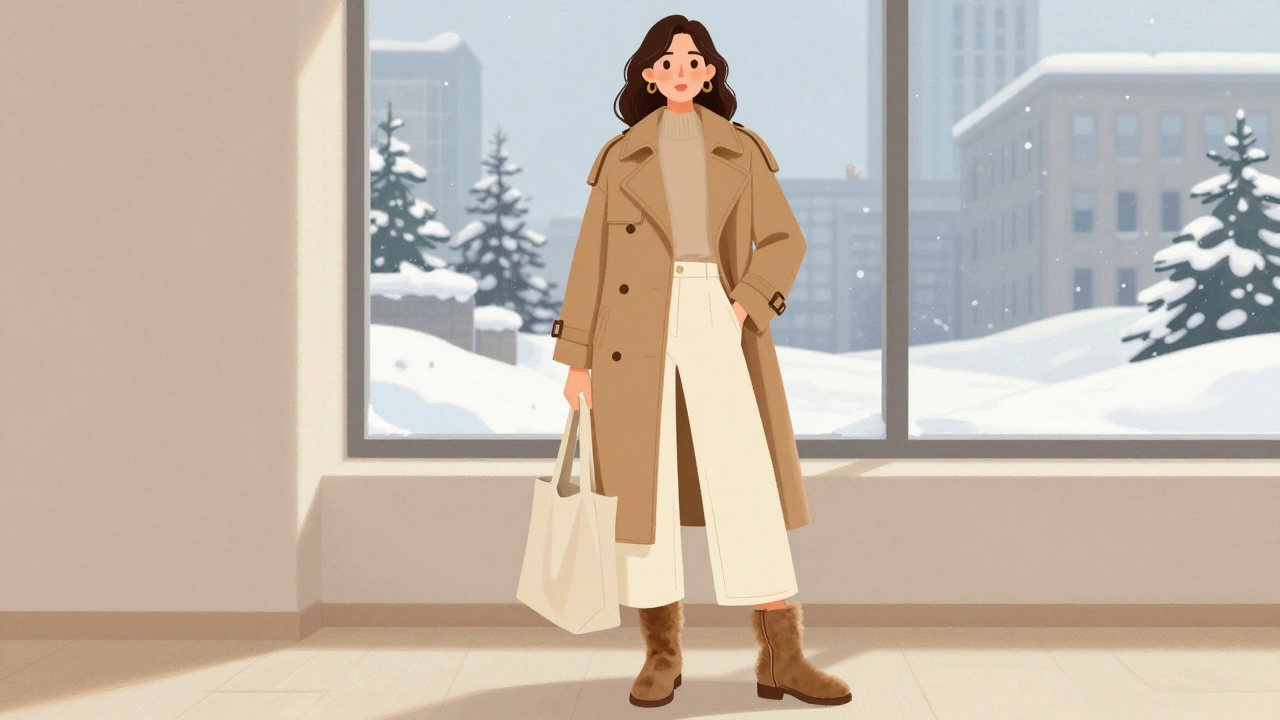 Woman in trench coat and wide-leg pants styled with shearling boots