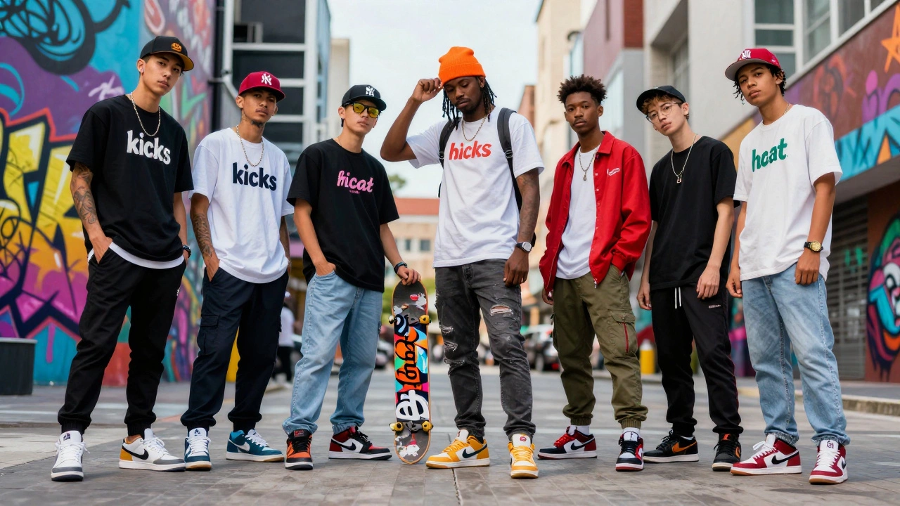 Young people showing off stylish sneakers in city