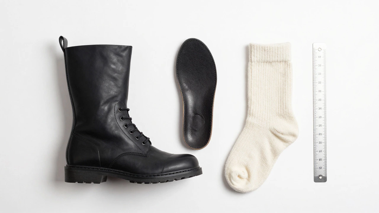 Black engineer boot with sock and insole on white
