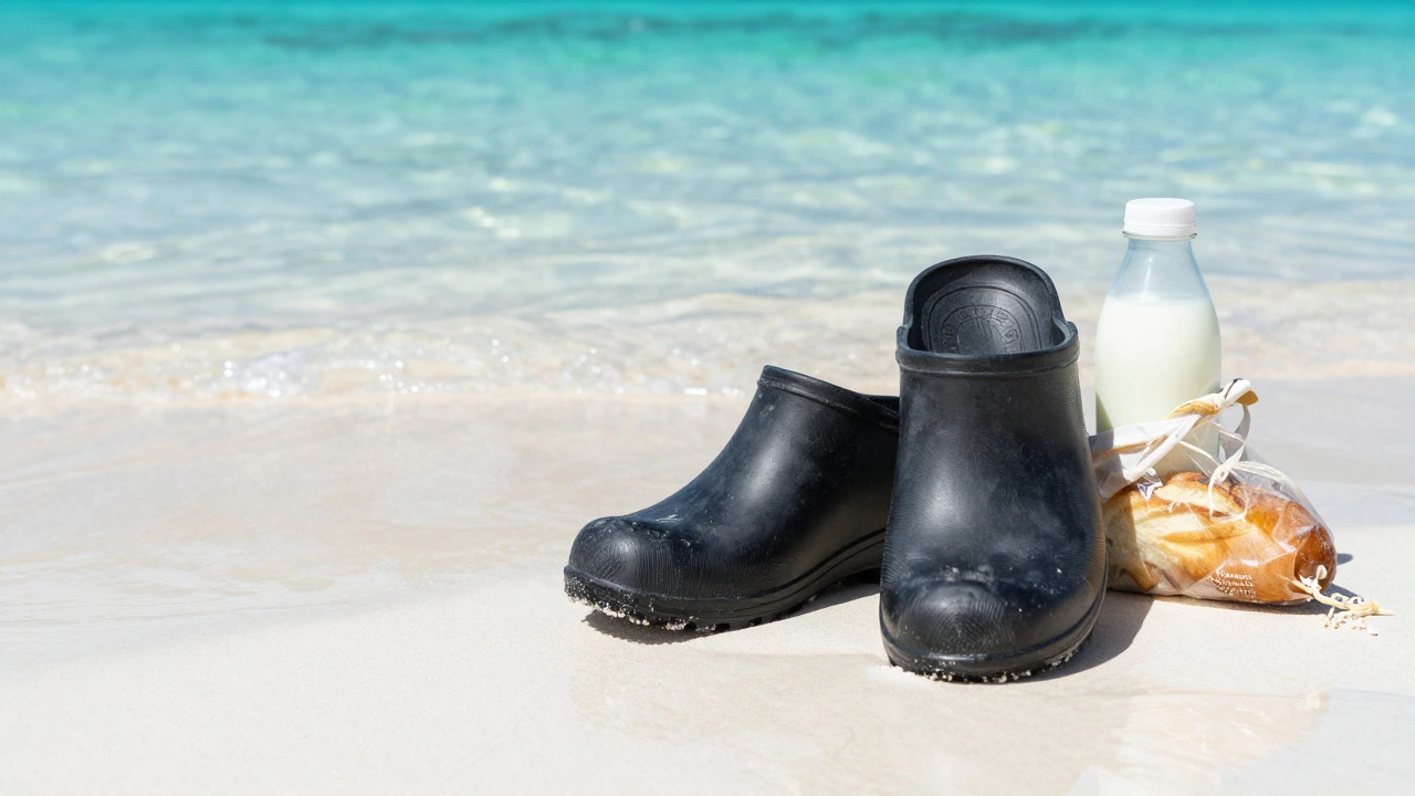 Black rubber chanclas on white beach sand next to turquoise water and groceries.