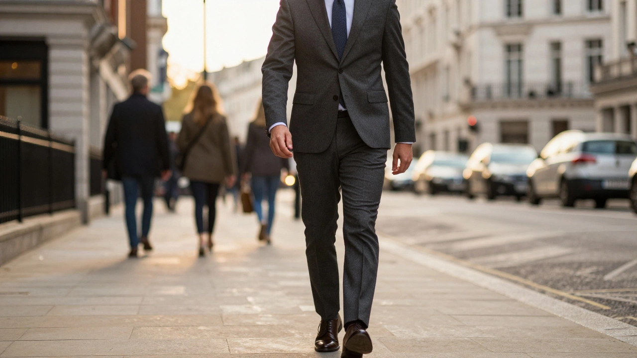 Businessman walking confidently in fitted suit