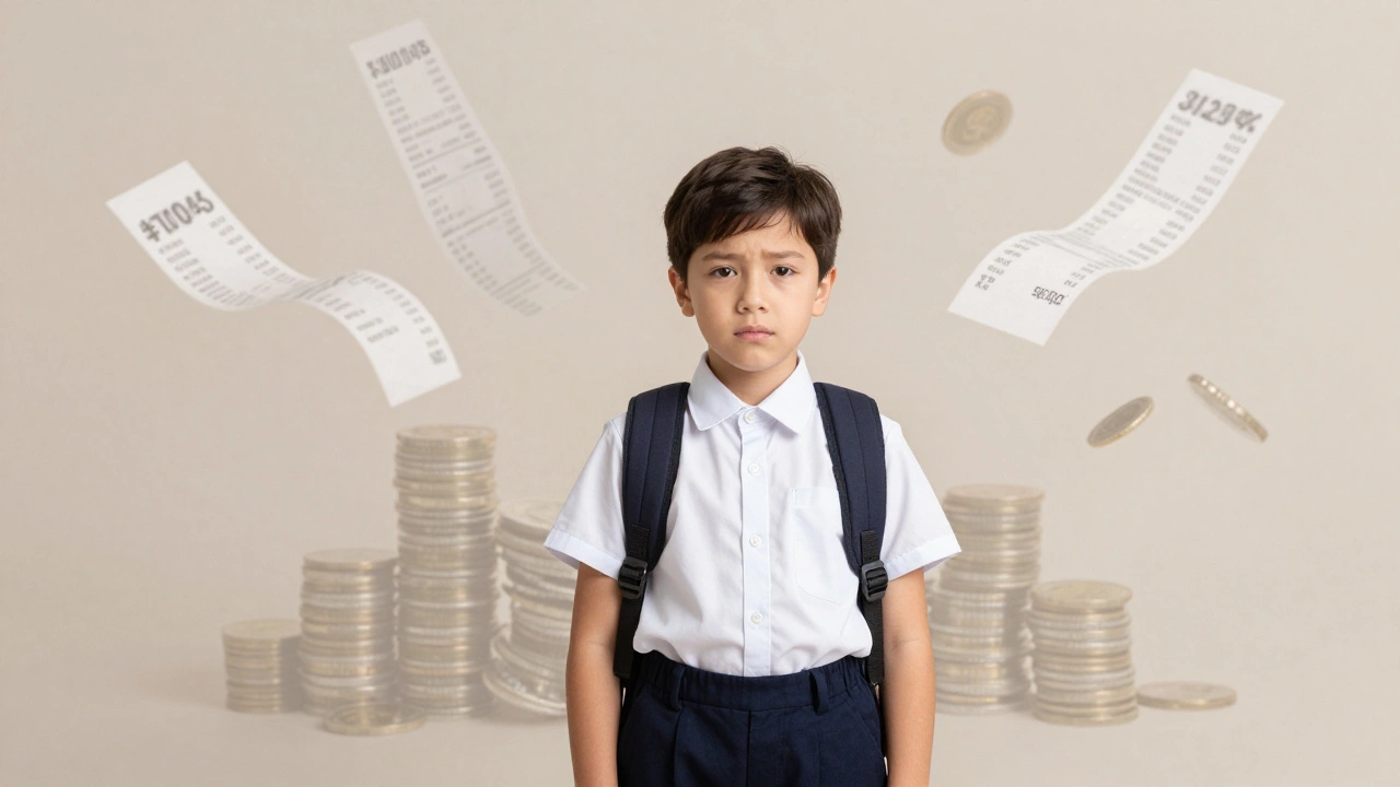 Child in school uniform with symbolic fading money and receipts