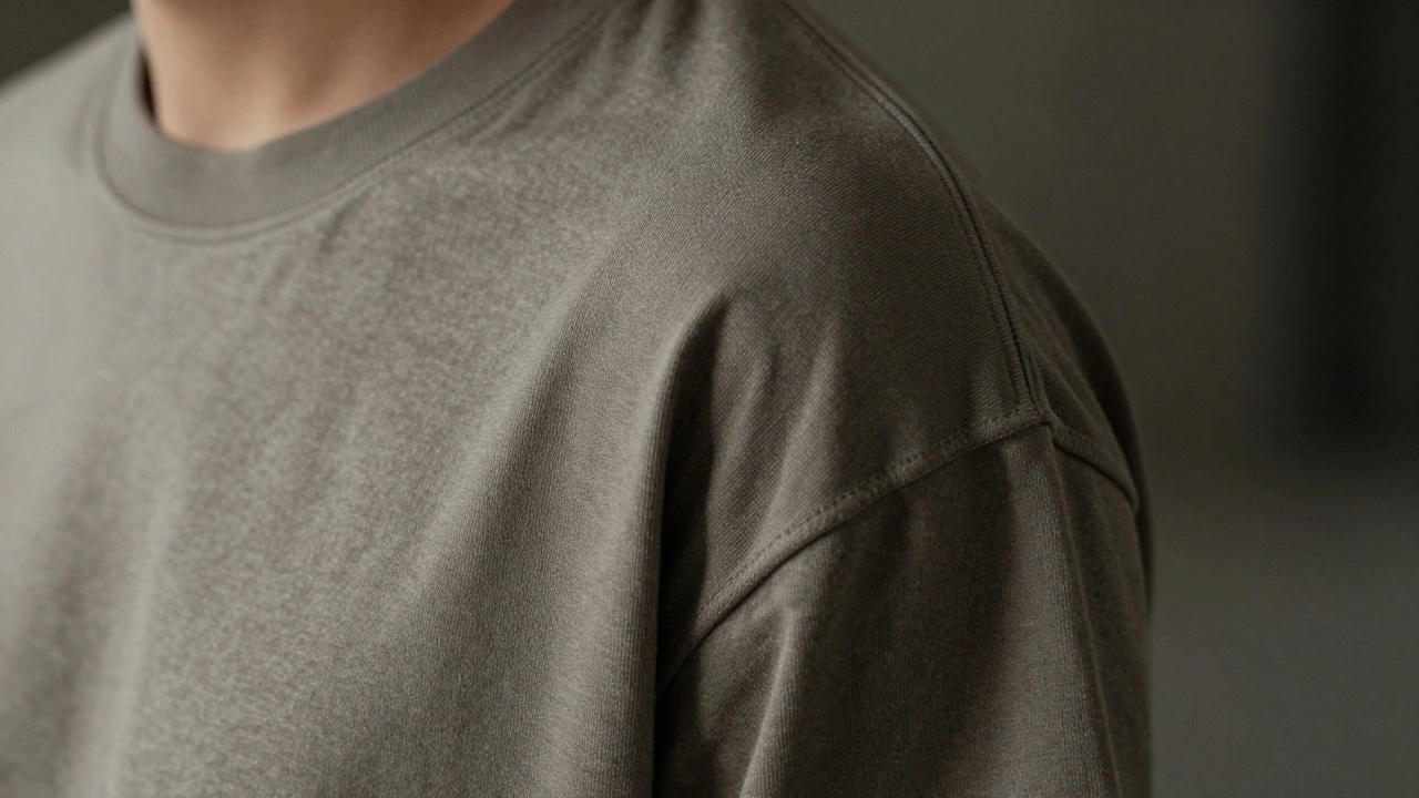 Close-up of dropped shoulder seam on heavyweight cotton tee