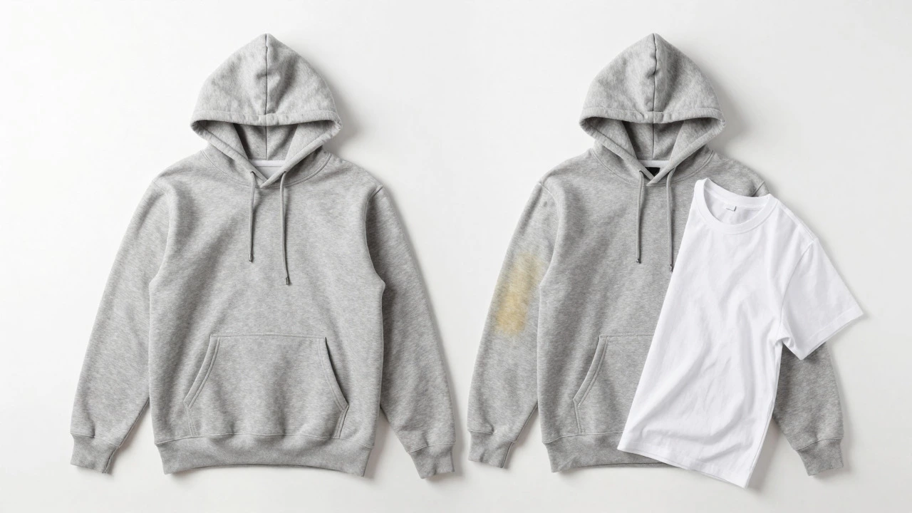 Comparison of a clean hoodie versus one with sweat stains