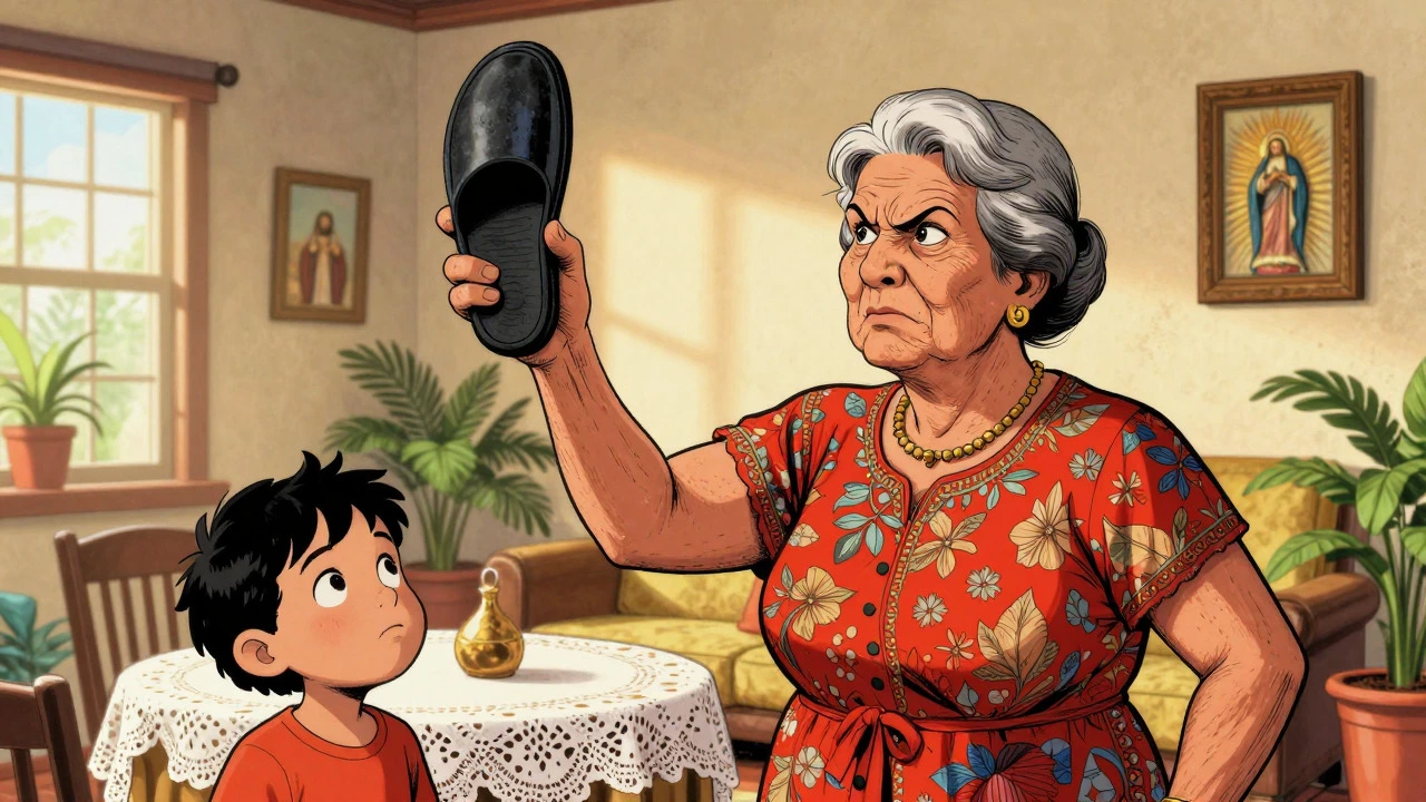 Illustration of a grandmother holding a slipper in a humorous family scene.