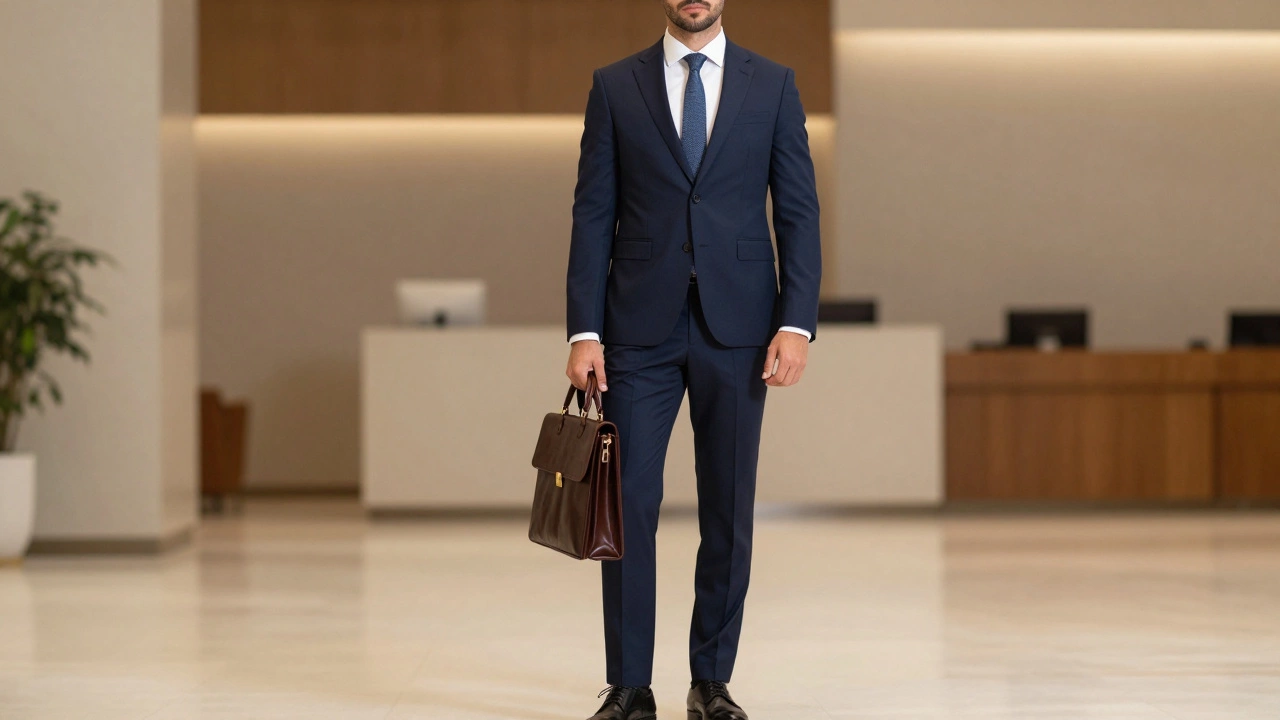 Man in navy suit looking professional