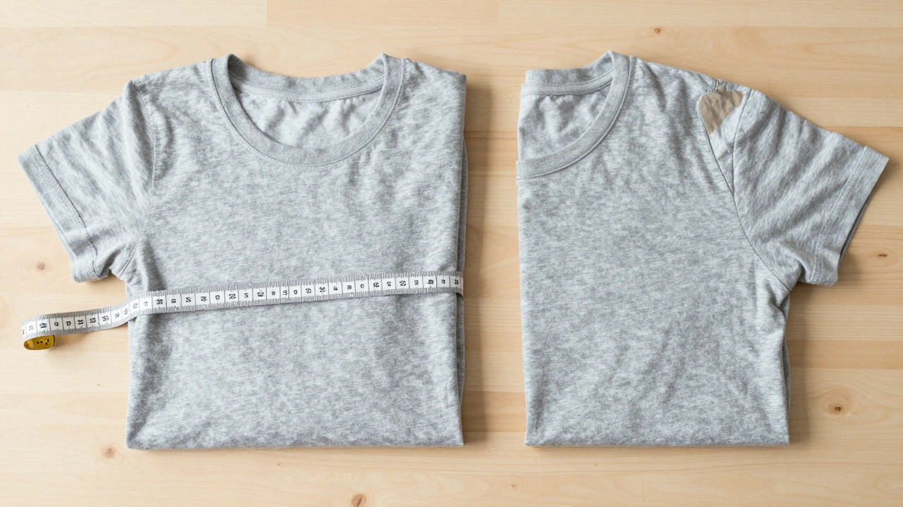 Measuring tape on a folded T-shirt for sizing guide