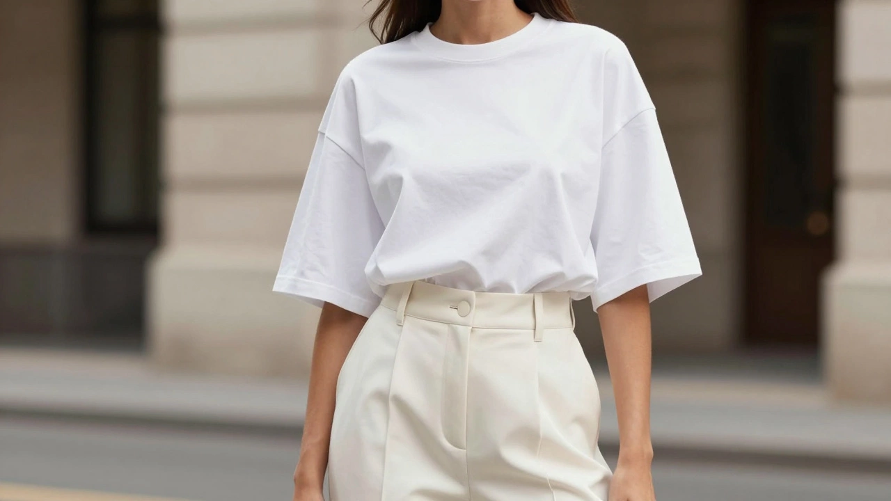 Model styling oversized tee tucked into tailored trousers