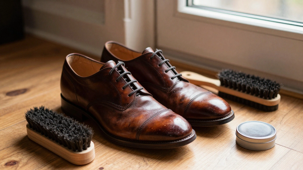 Patina-covered leather oxfords with cedar shoe tree