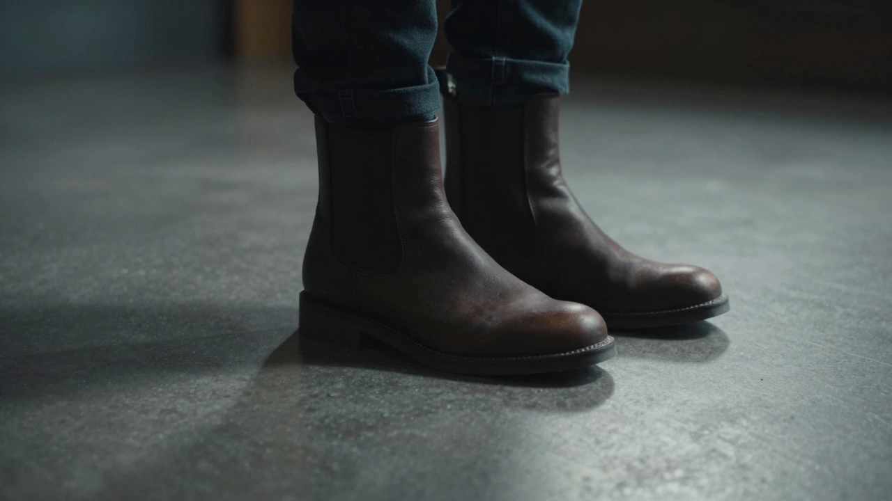 Person testing heel slip in dark Chelsea boots