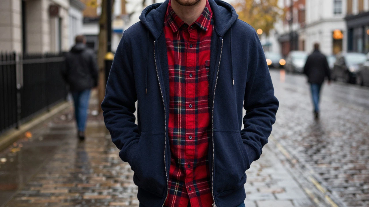 Person wearing a hoodie over a flannel shirt on a rainy street