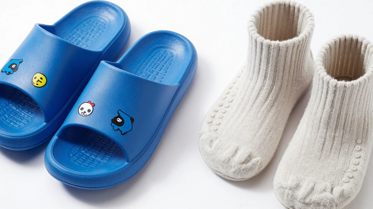 Rubber bath slippers and non-slip indoor socks displayed on a white background.