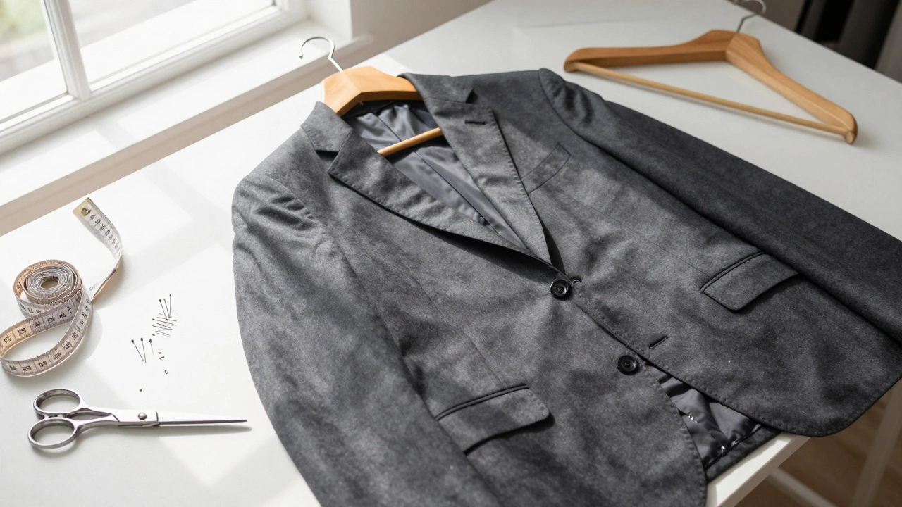 Tailor tools and suit jacket on workbench