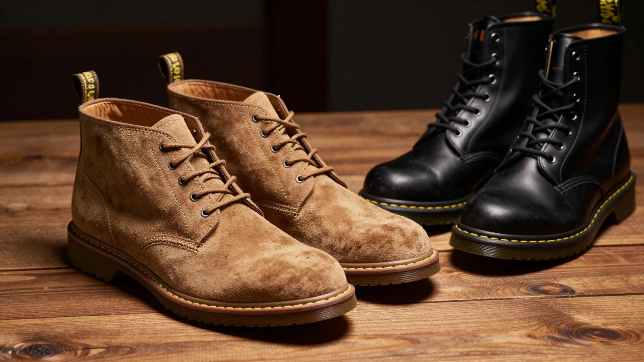Clarks Desert Boots and Dr. Martens on wooden table