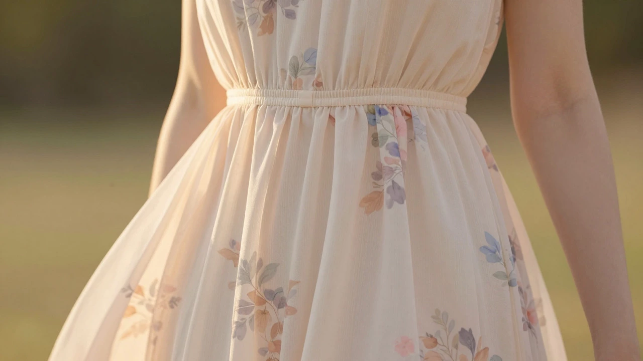 Close up of an empire waist dress with flowing viscose fabric