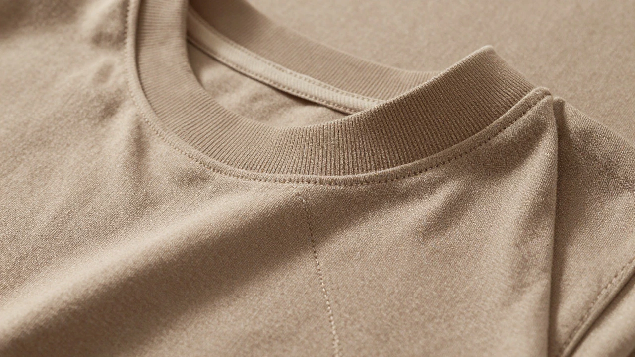 Close-up of flatlock stitching and reinforced collar