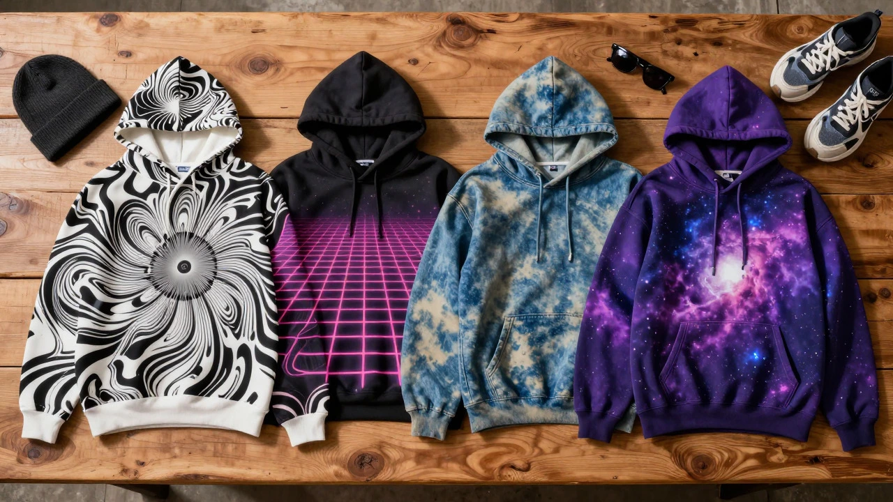 Flat lay of four distinct stoner hoodies with various trippy designs