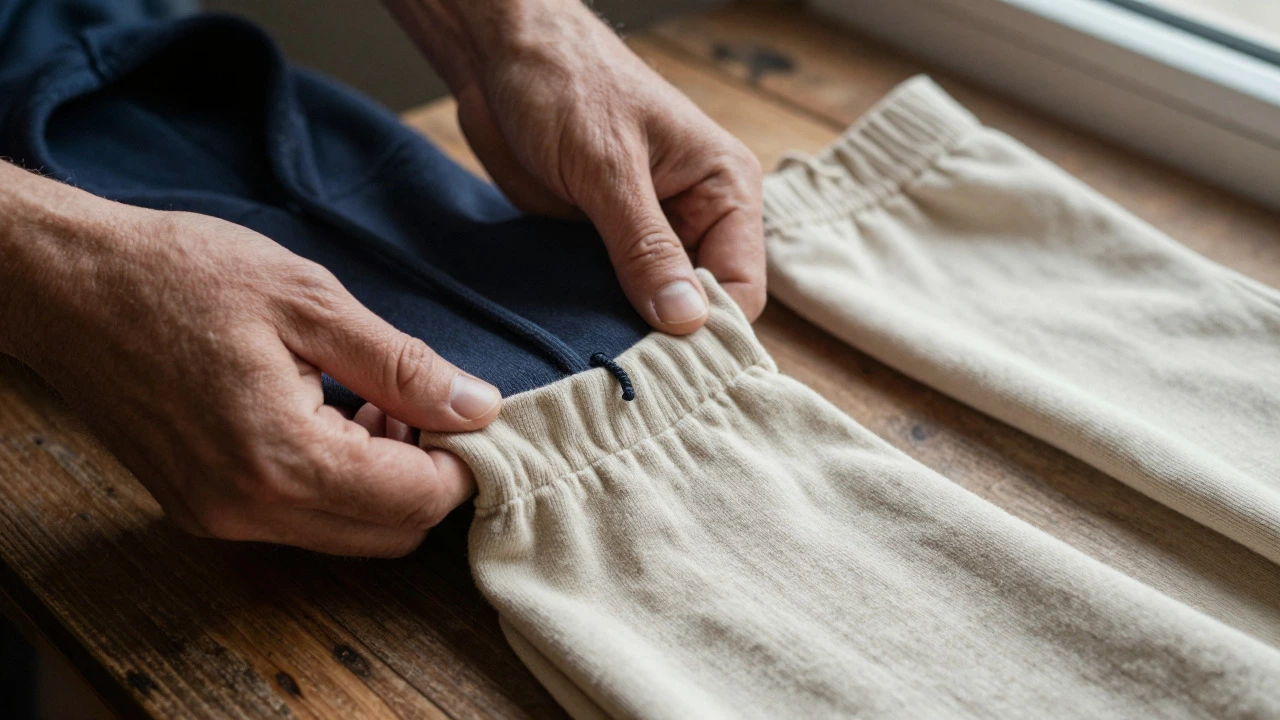 Hands holding a thick vintage cotton hoodie next to a thin modern fabric sample