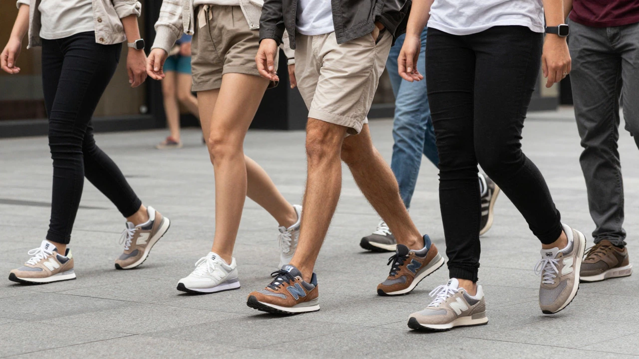 People walking in New Balance sneakers on city street