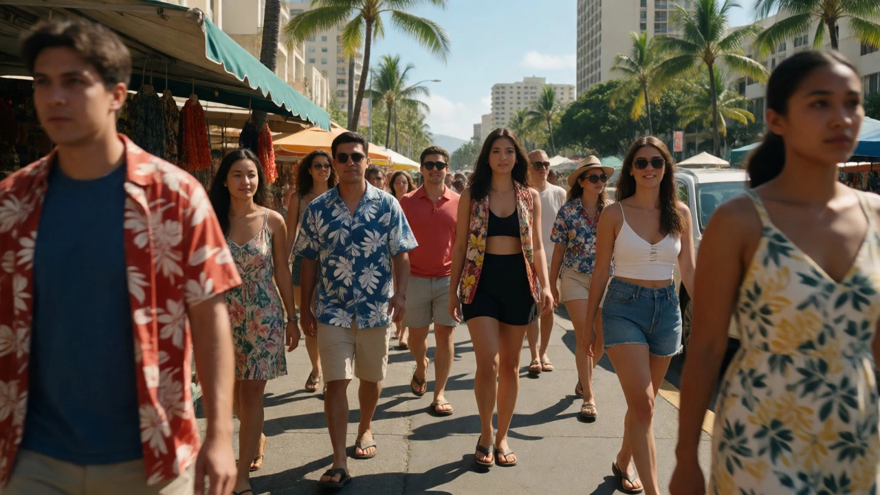 People wearing slippahs walking through a sunny Honolulu street
