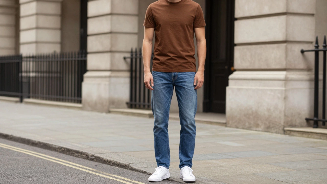 Person wearing a brown t-shirt and denim jeans in an urban setting