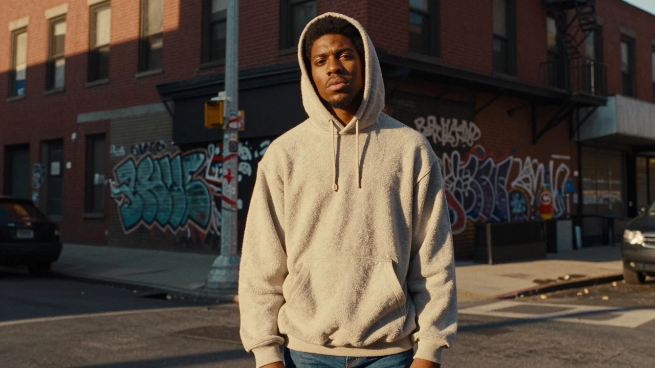 Person wearing a classic cotton hoodie on a 1970s city street corner in golden light