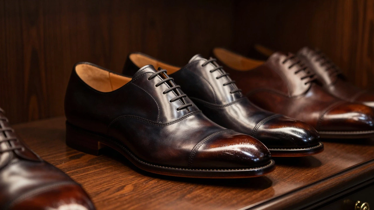 Polished Shell Cordovan dress shoes on a cedar tree in a luxury closet setting.