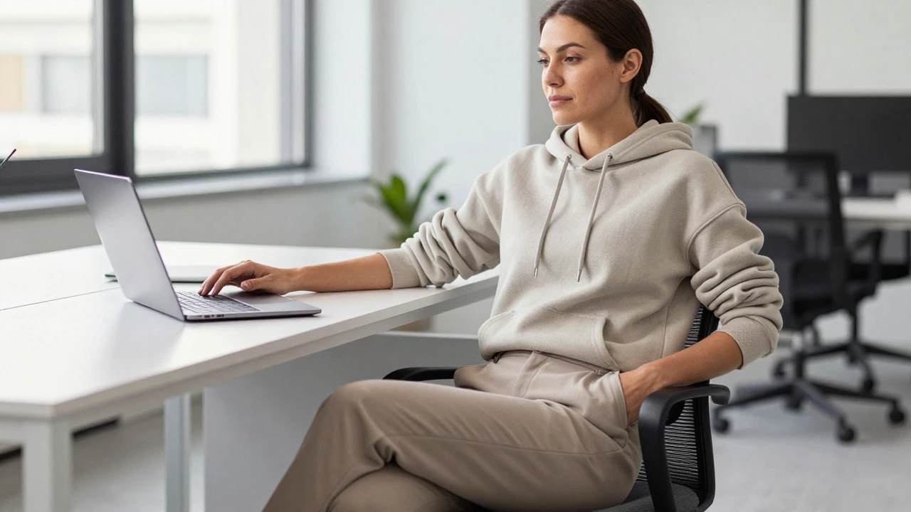 Professional woman in comfortable athleisure attire working in a bright, modern office setting