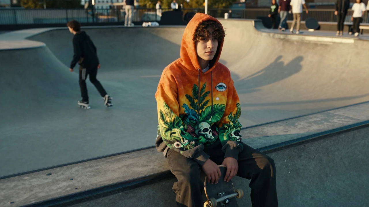 Skater in a surreal graphic hoodie sitting at a London skate park