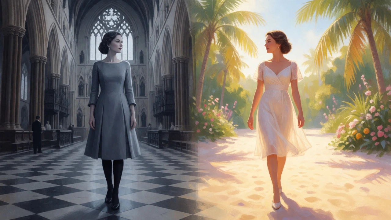 Split image showing traditional tights in cold settings vs bare legs in sun
