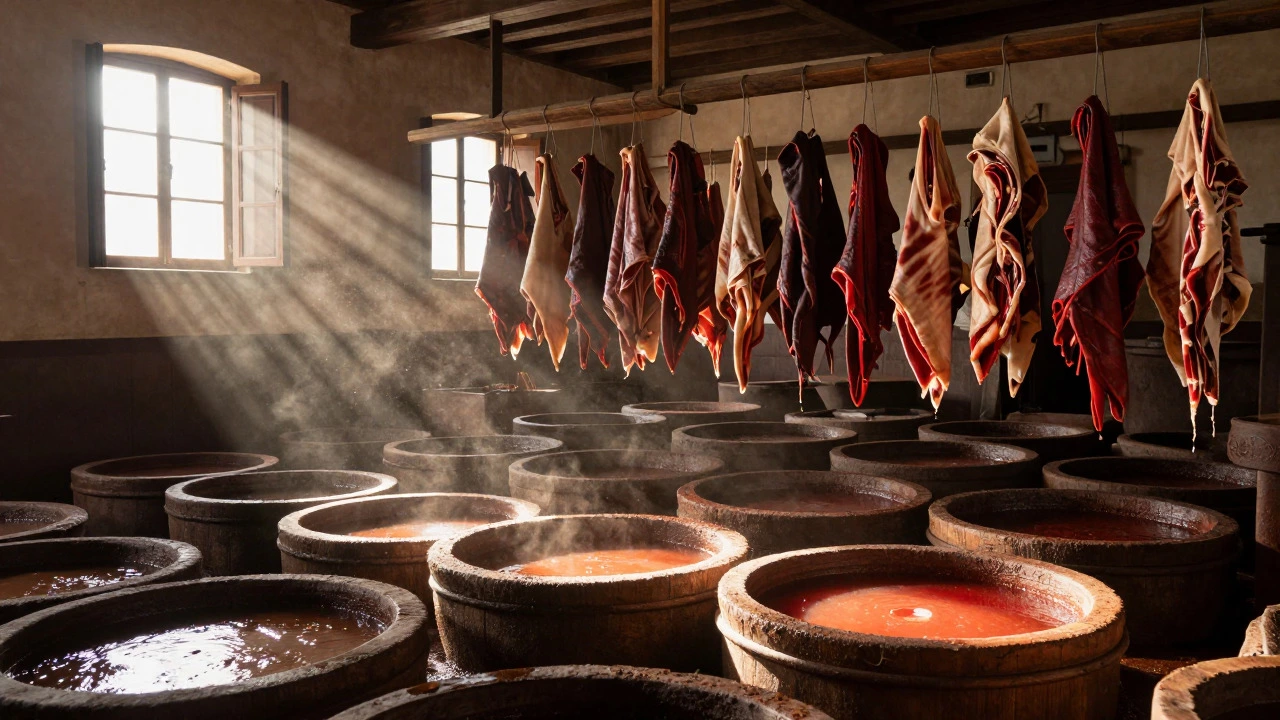 Sunlit interior of a traditional Italian tannery with hides soaking in vegetable tannin vats.
